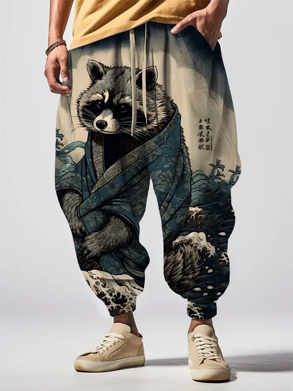 Men's Raccoon Rough Sea Waves Japanese Art Printed Loose Drawstring Waist Sweatpants