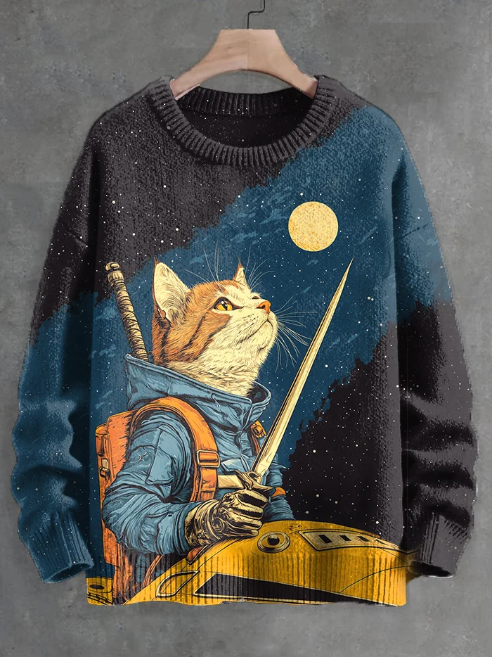 Men's Retro Cat Explorer Art Print Knit Sweatshirt