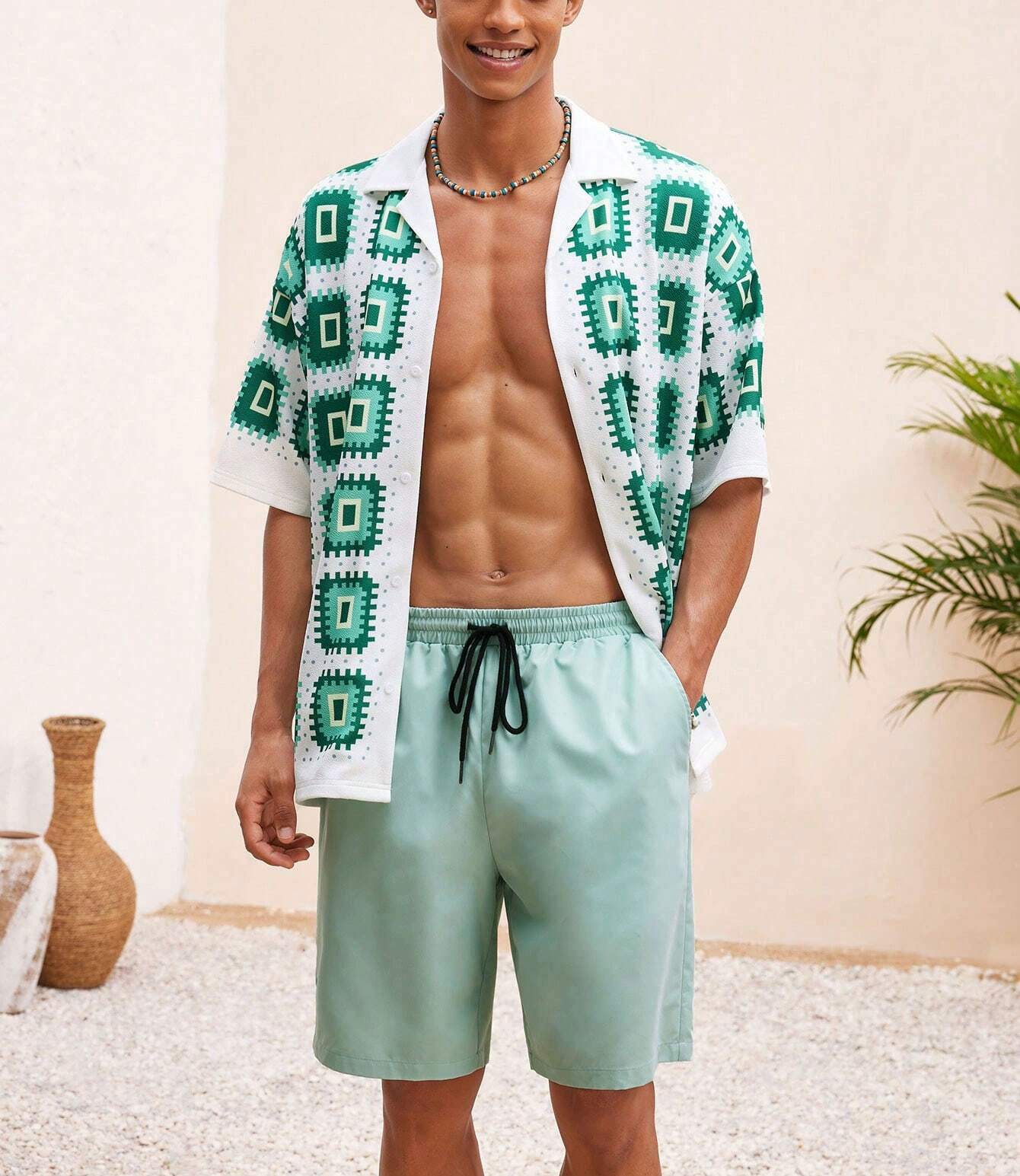Men's Classic Casual Striped Digital Print Cuban Collar Shirt Shorts Two-Piece Set