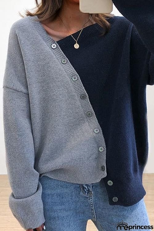 Color Block Asymmetrisch Button Sweater