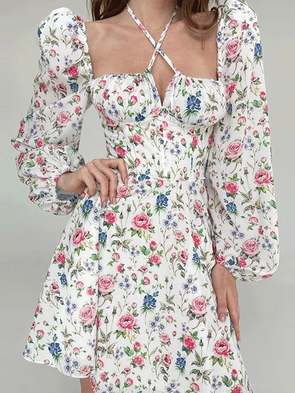 Puff sleeve halter neck dress
