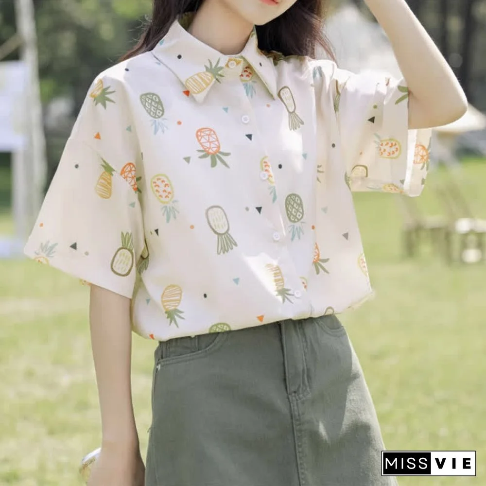 Vintage Pineapple Print Short Sleeve Casual Polo Shirt