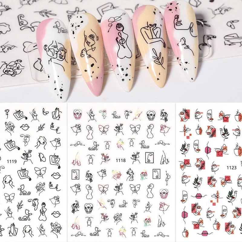 1PC 3D Nail Stickers Women Face Sketch Abstract Butterfly Image Nail Art Decoration Slider Manicure Stickers For Nails