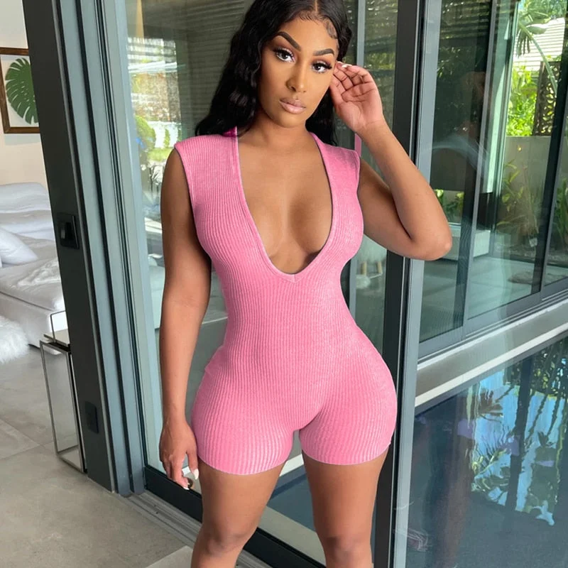 Hugcitar 2021 Sleeveless Deep V Solid Bodycon Ribbed Ruched Sexy Playsuit Summer Women Fashion Streetwear Outfits Romper