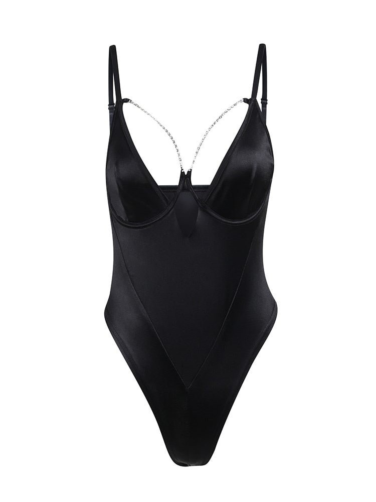 WannaThis Satin Women Bodysuit Chain Hollow Out V Neck Sleeveless Casual Sexy Bodycon Backless Streetwear Fitness Black Bodysuit