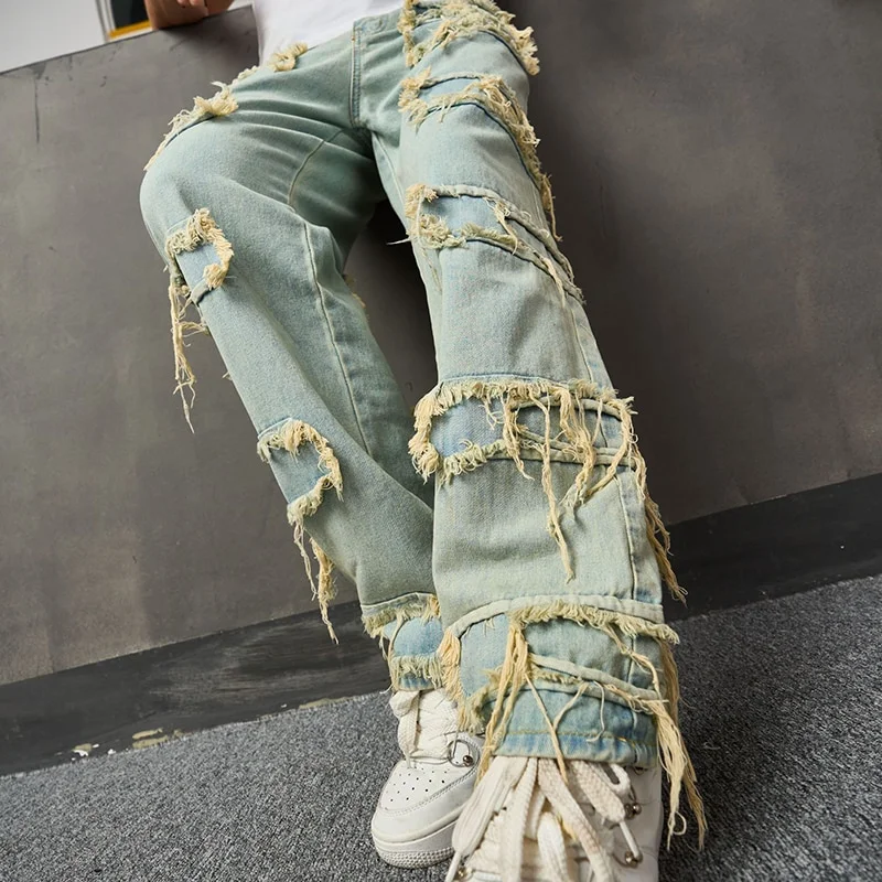 Aonga Autumn Outfits     Fall Streetwear Mens Denim Pants Fashion Ripped Deisgn Patchwork Straight Jeans Men Y2K Style Vintage Pure Color Jean Pant