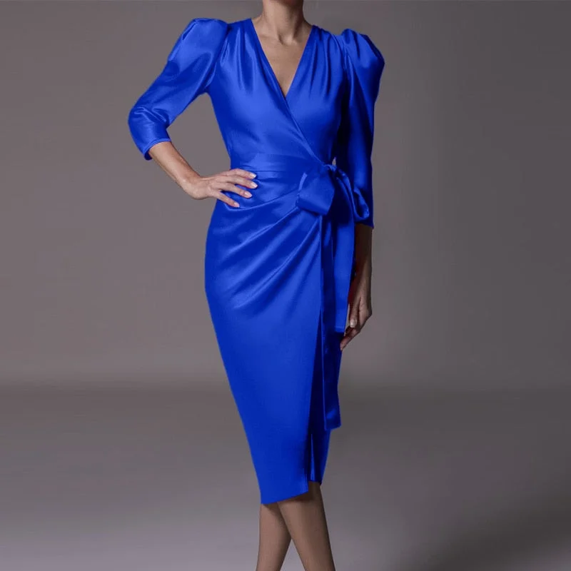Fashion VONDA Elegant Office Party Dress Women Sexy Puff Sleeve Satin Slik Sundress Femme Pleated Deep V Neck Bandage Midi Robe