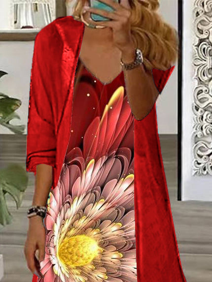 Women Half Sleeve V-neck Solid Color Dress