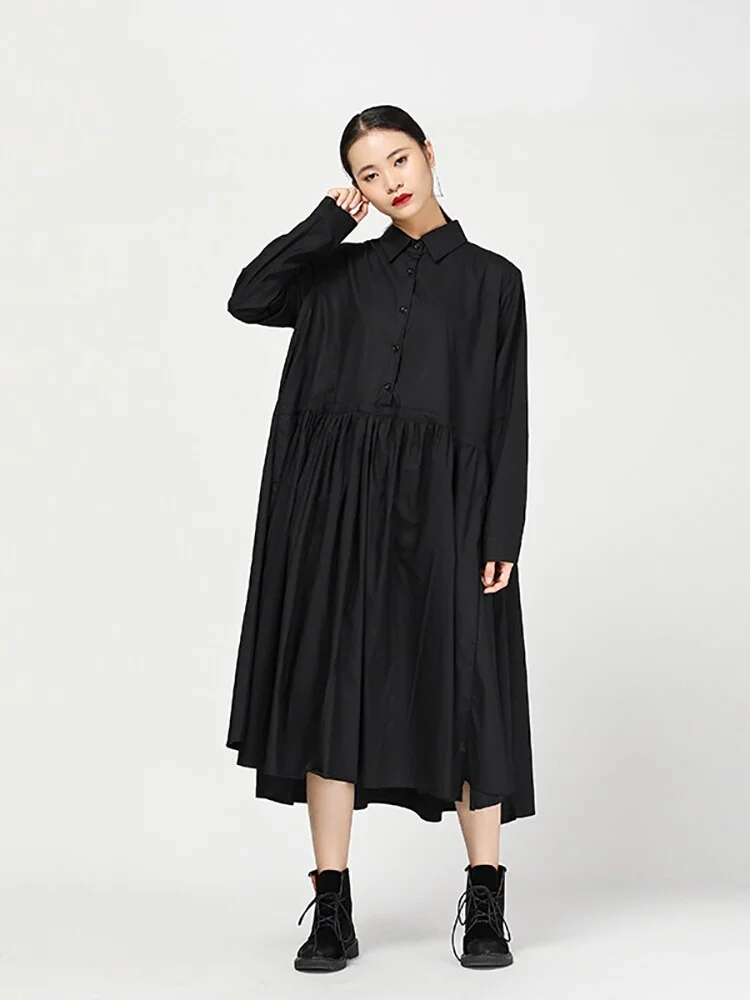 Casual Loose Solid Color Lapel Patchwork Pleated Pockets Long Sleeve Dress