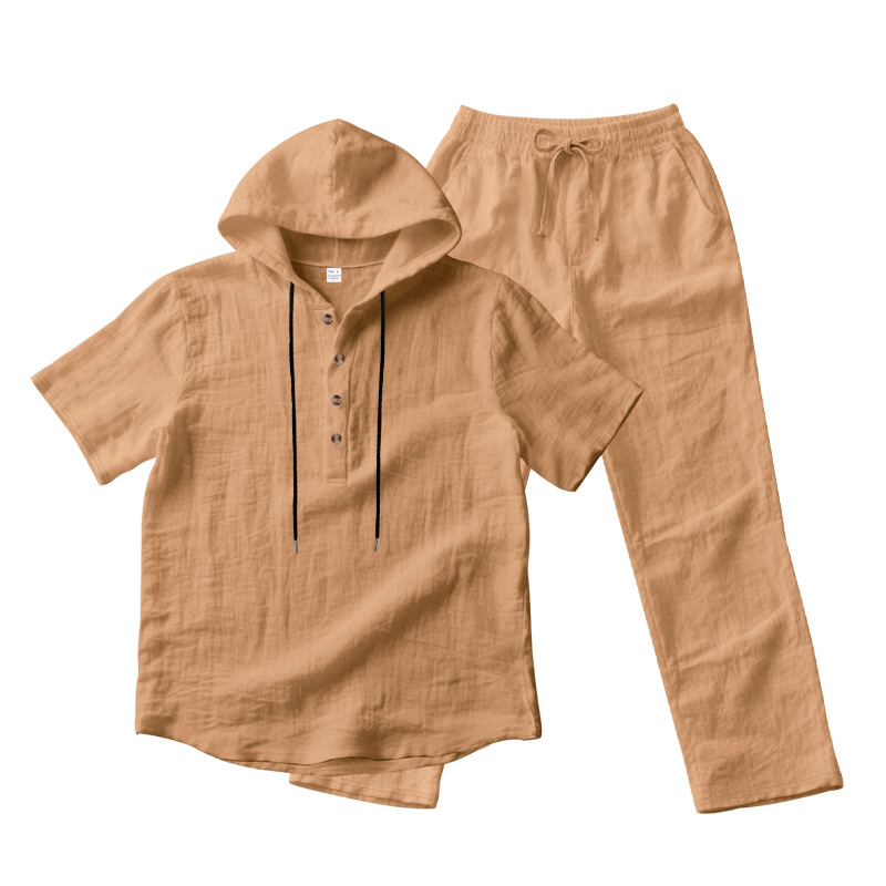 Men’s Summer Short Sleeve Shirt Set Lightweight Premium Linen Hooded Shirt & Loose Straight-Leg Pants Set