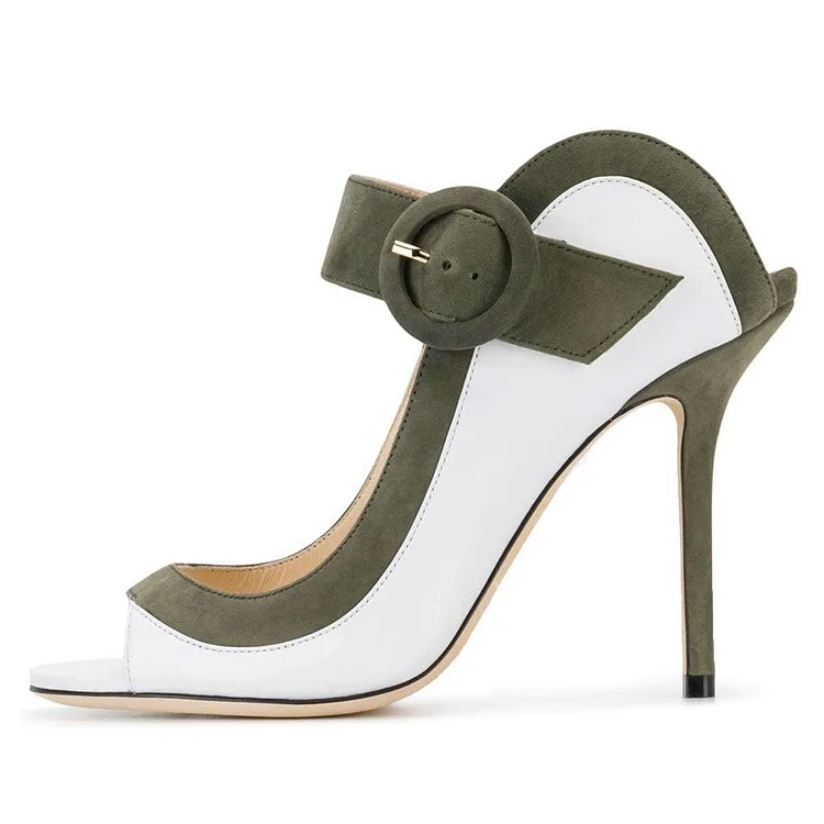 White and Green Vegan Suede Buckle Peep Toe Heels Pumps |FSJ Shoes