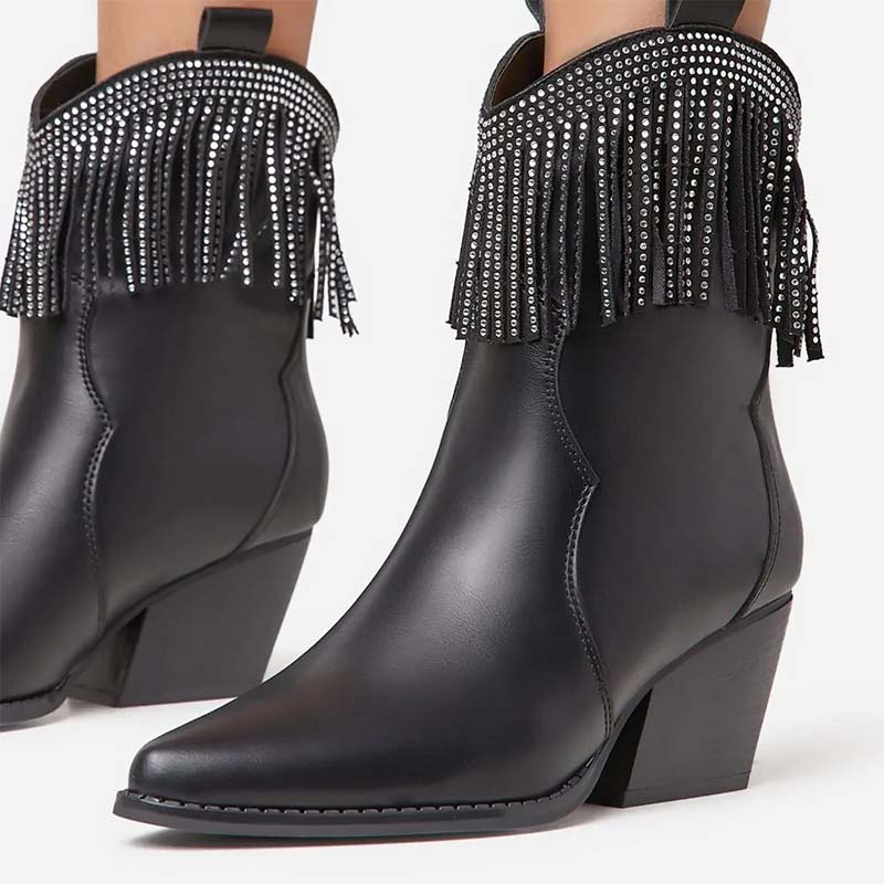 Black Rhinestone Fringe Chunky Heel Western Boots for Women