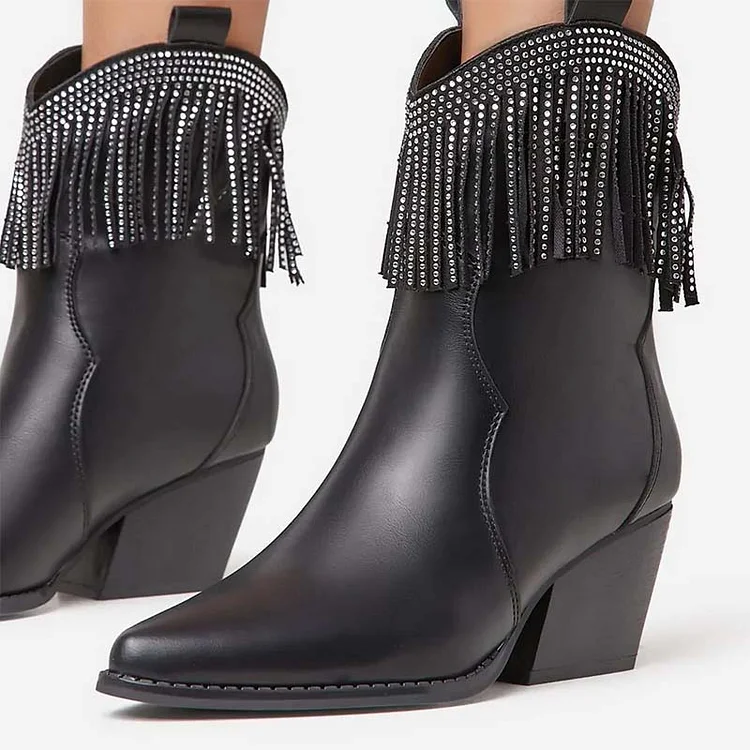 Black Rhinestone Fringe Chunky Heel Western Boots for Women |FSJ Shoes