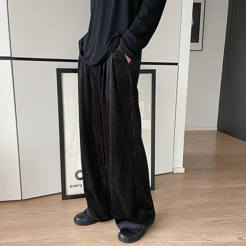 Dawfashion-Loose Straight Barrel Drape Casual Velvet Vertical Stripes Elastic Waist Trousers-Yamamoto Diablo Clothing