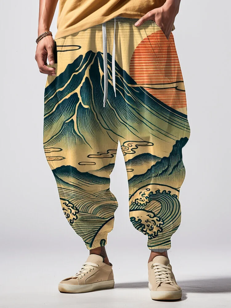 Men's Rough Sea Waves Volcano Sunset Japanese Art Print Loose Drawstring Waist Sweatpants