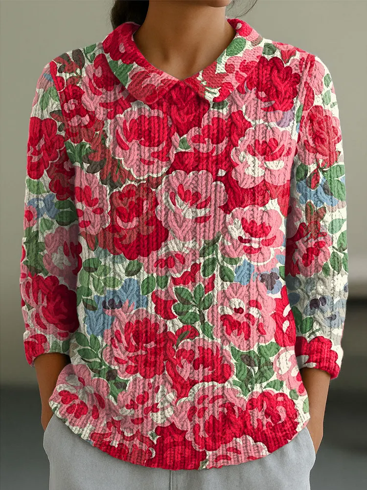 Women's Vintage Red Flower Floral Art Print Casual Peter Pan Collar 3/4 Sleeve Sweater