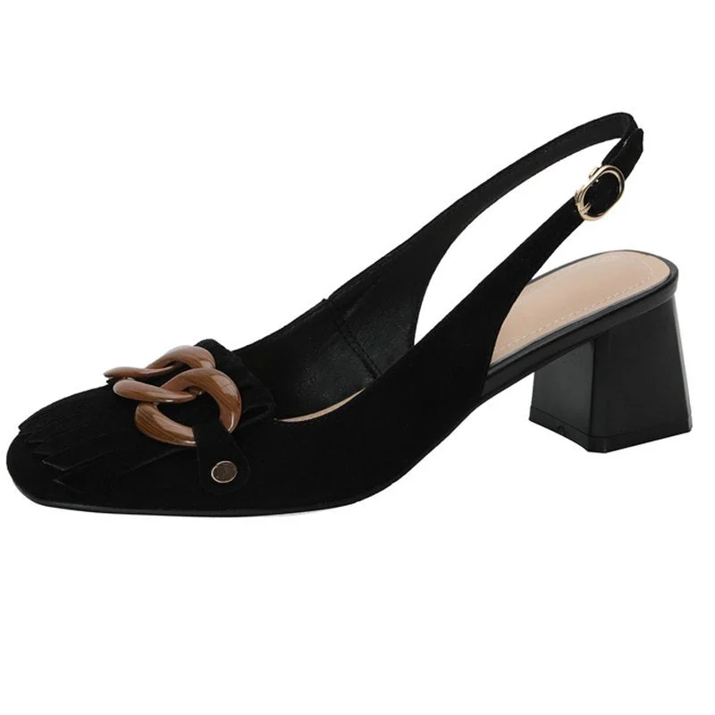 Summer Women pumps Back Strap Thick Heels Pumps For Women Genuine Leather tasssel Decoration Party Office Shoes Woman size 42 43