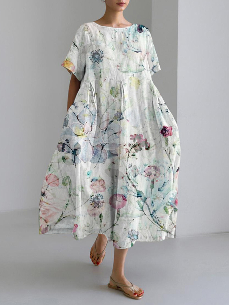Comstylish Rustic Watercolor Floral Print Linen Maxi Dress