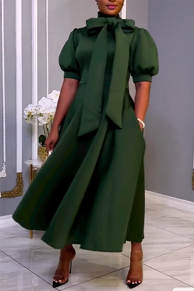 Plus Size Semi Formal Dress Green Bow Puffy Sleeves A-Line Midi Dress [Pre-Order]