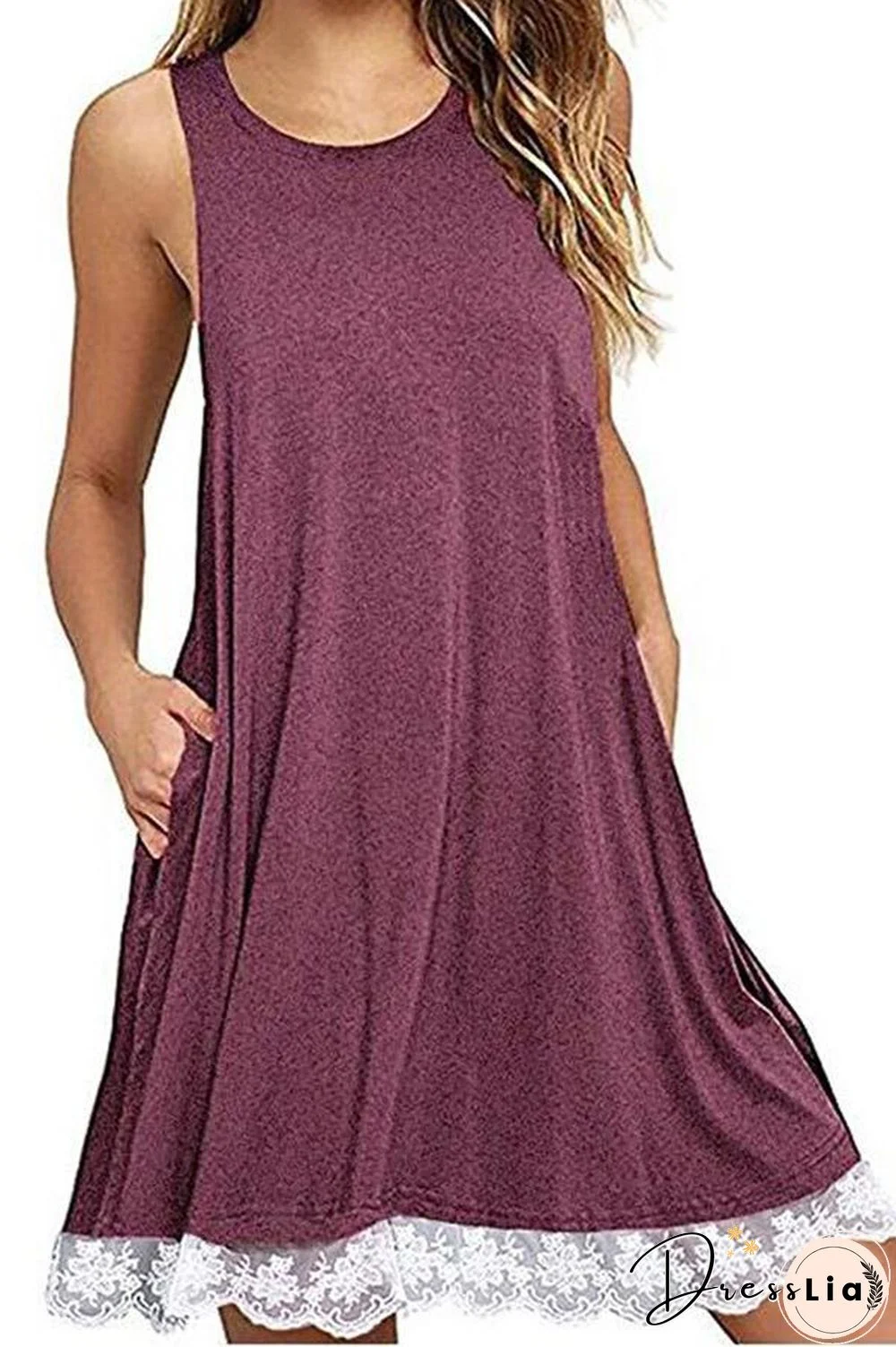 Solid Color Sleeveless Lace Dress