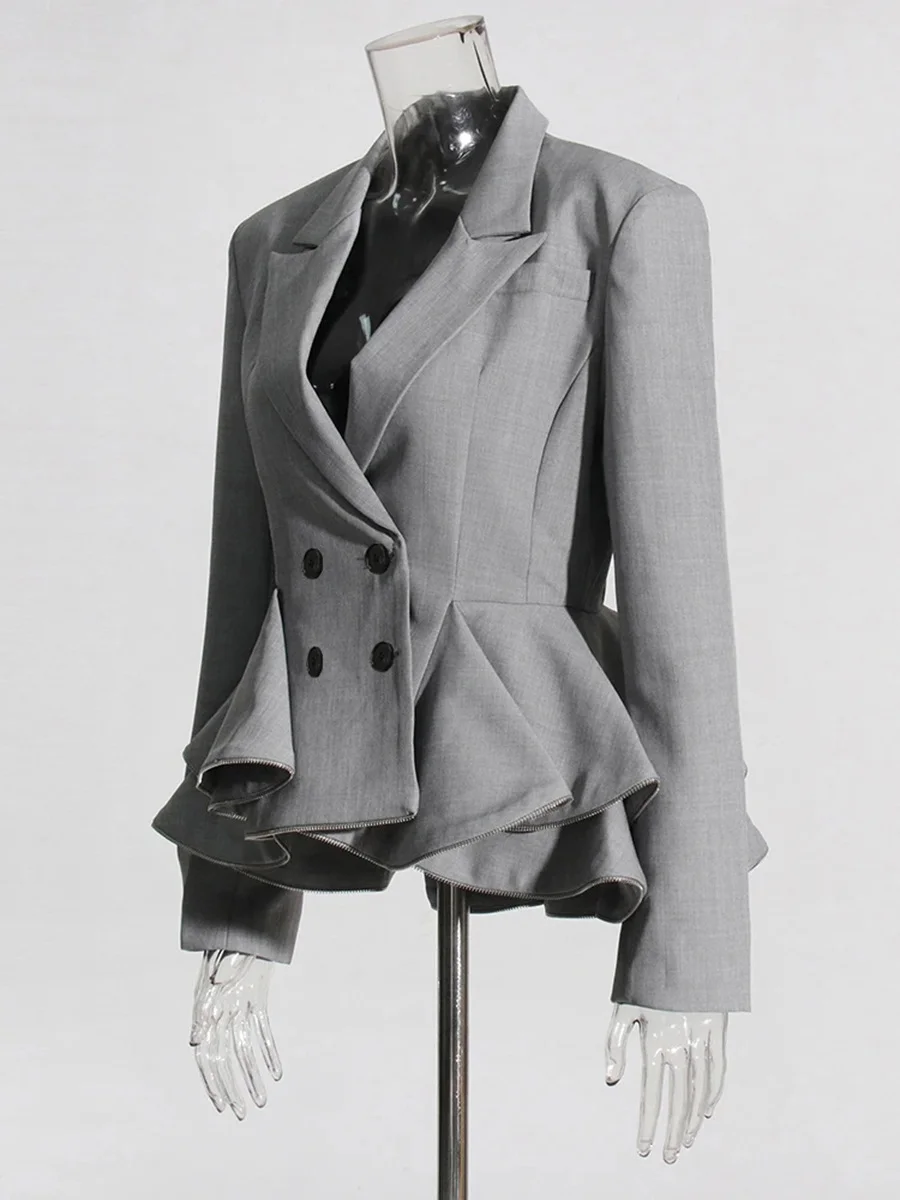 Woherb Woherb Style Temperament Elegant Small Suit 2024 Autumn New Fashion V Collar Splicing Lotus Leaf Design Coat Female-Outfit Ideas