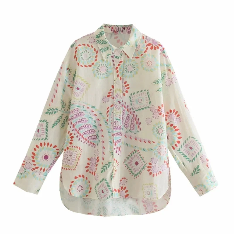Summer Women Flower Printing Side Slit Linen Blouse Female Long Sleeve Shirt Casual Lady Loose Tops Blusas S8853