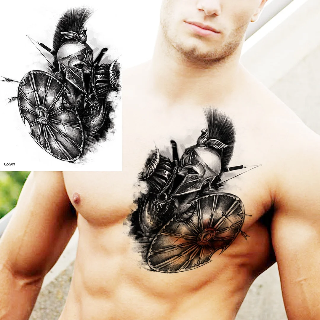 Black Spartan Warrior Temporary Tattoos For Men Adults Realistic Lion Tiger Maori Knight Fake Tattoo Sticker Chest Tatoos 3D