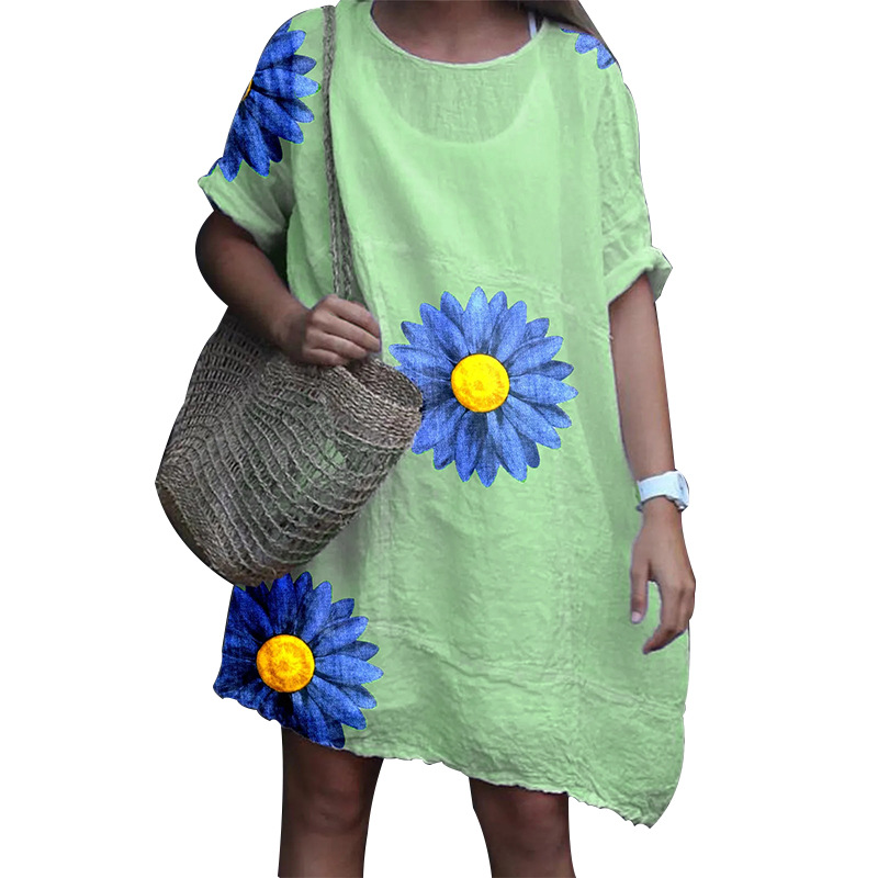 Mature Women's Plus Size Cotton Linen T-shirt Printed Dress
