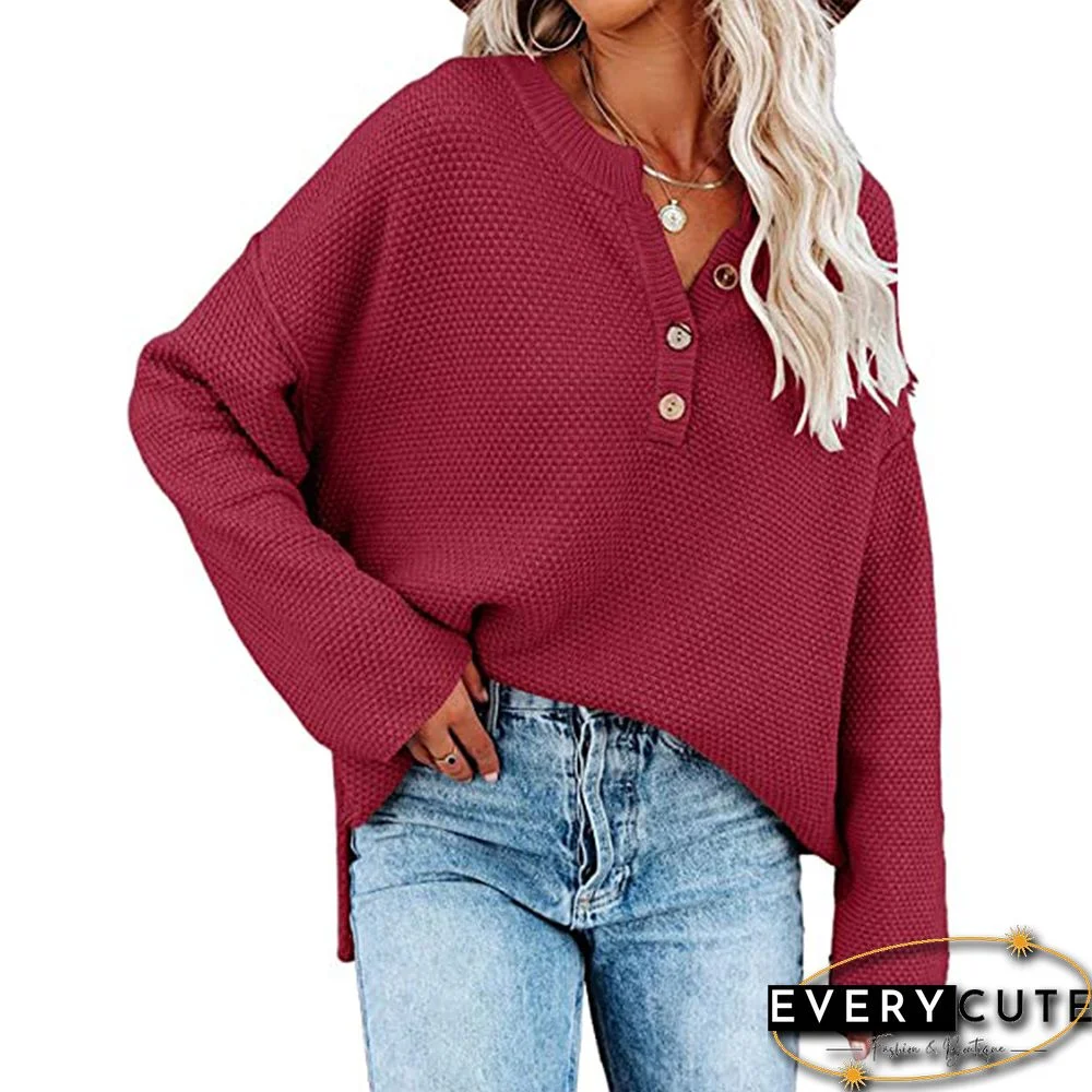 Red Button-up Split Pullover Knit Sweater