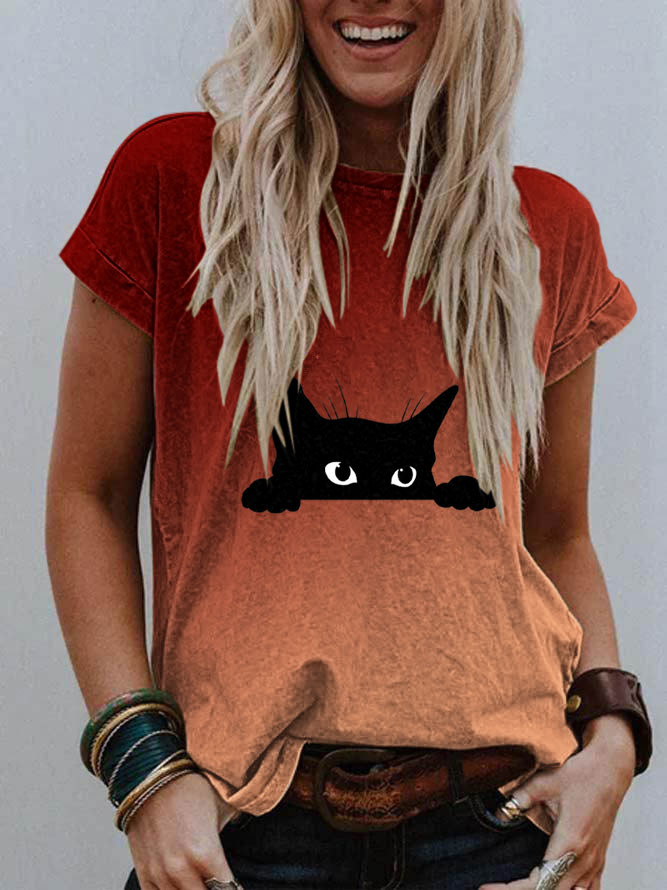 Comstylish Women's Casual Gradient Black Cat Print T-shirt
