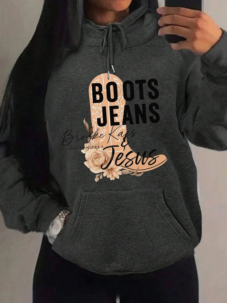 Boots, Patternprinted Women's Plain Long Sleeve Drawstring Hooded Loose Casual Sweatshirt, Autumnwinterspringsummer, Long Sleeve Tops, Solid Color Hoodie, Loose Hoodie, Suitable For Spring, Summer, And Autumn
