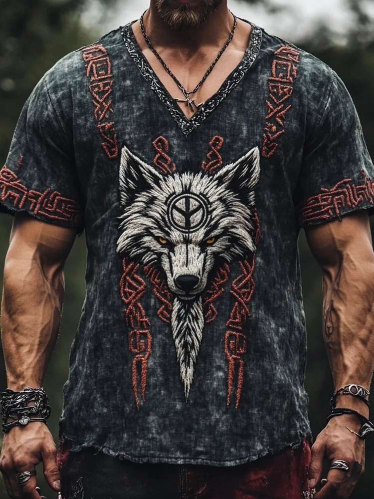 Men's Viking Knot Tribal Wolf Art Print Pattern Linen T-shirt / Rvogue / Rvogue