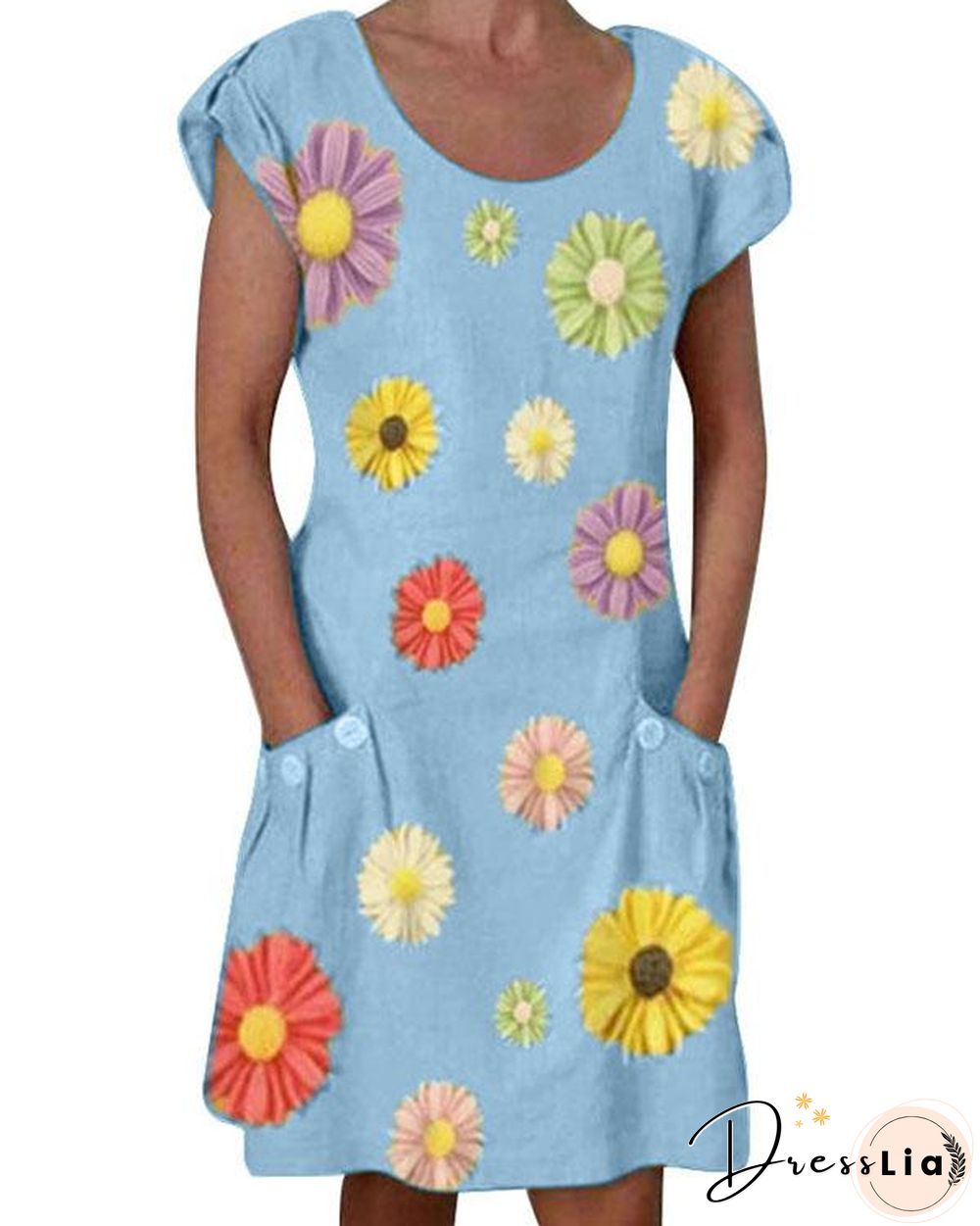 Yellow Short Sleeve Floral-Print Dresses