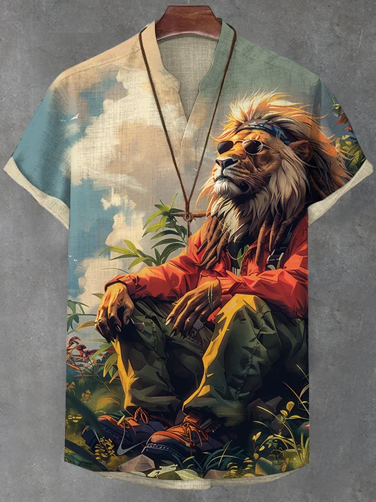 Men's African Soul Reggae Lion Nature Print V Neck T-Shirt