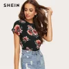 SHEIN Lady Black Roll Up Sleeve Flower Print Cap Sleeve Tee Top Women Summer Round Neck Casual Slim Fit Curve Hem T-shirts