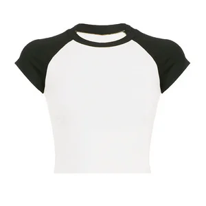 Uveng Uveng Color Thread Rotator Sleeve T-Shirt Women's Short Crop Tight Thin Shirt Short Sleeve Casual