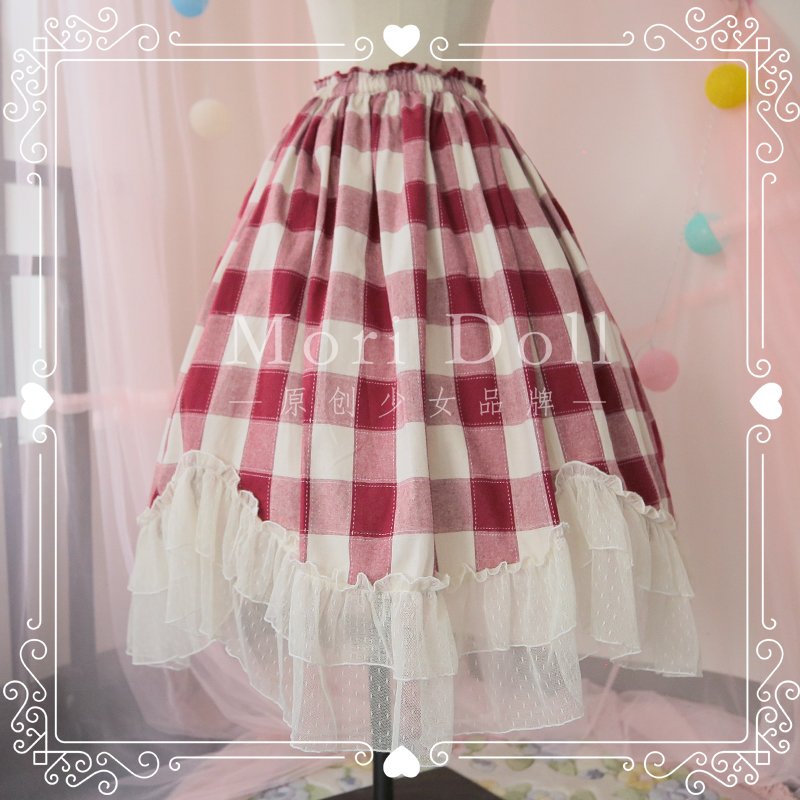 Classic Plaid Cotton Midi Skirt: MoriDoll Lace-Trimmed Soft Tulle Series