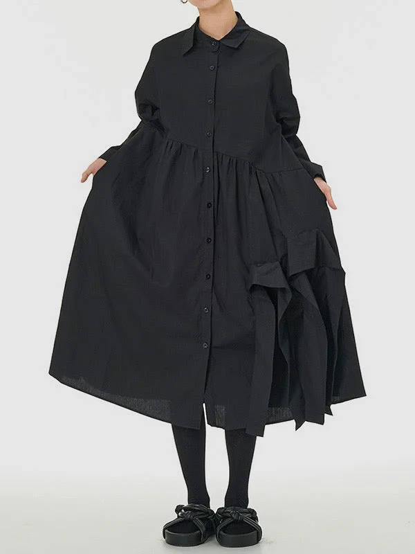 Original Black Lapel Buttoned Asymmetric Pleated Long Sleeve Midi Dress