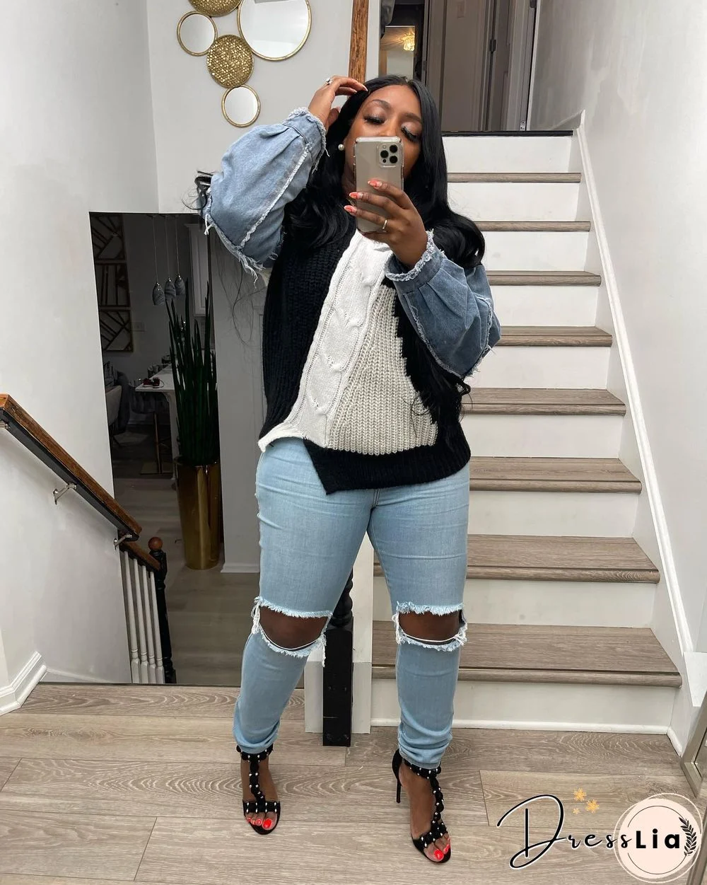 Contrast Color Denim Patchwork Long Sleeve Sweaters