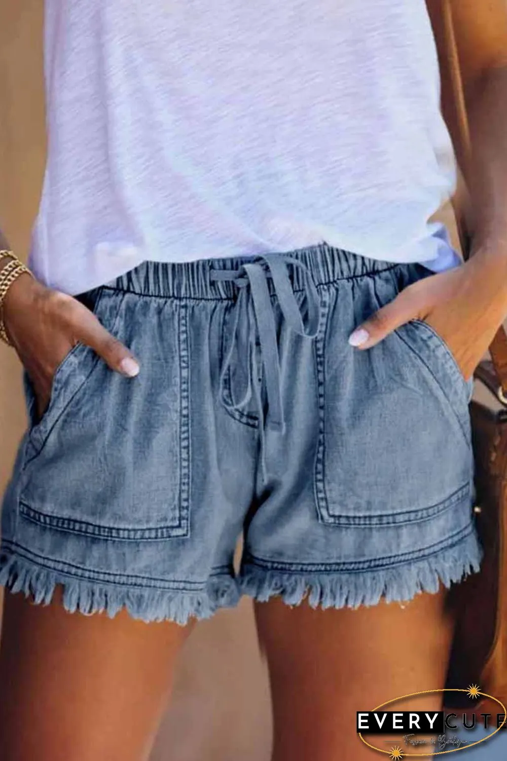 Lace-up Fringed Thin Denim Shorts
