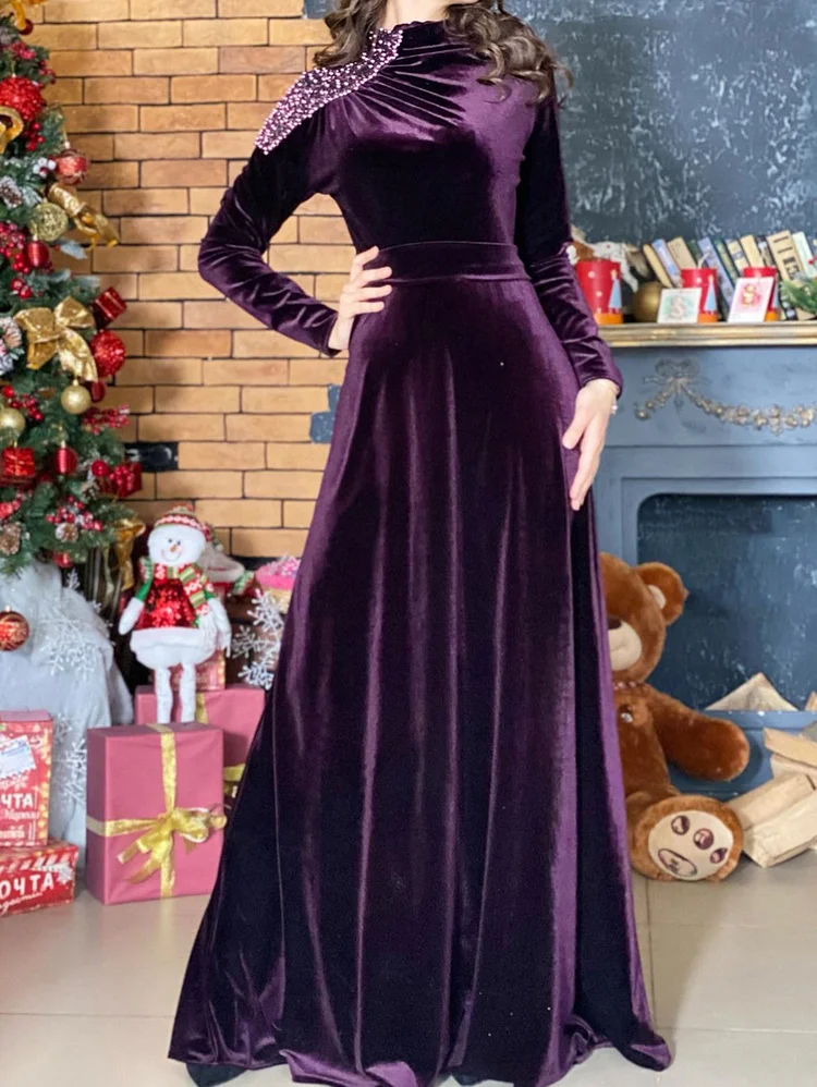 Daily Long Sleeve Beads Decor Christmas Solid Velvet Maxi Dress