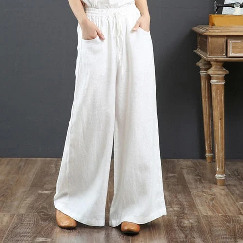 Casual Pants Women Linen Casual Ins S-3XL Female Elegant Popular Spring Baggy Ulzzang Drawstring Wide Leg Trouser 21 Colors Chic