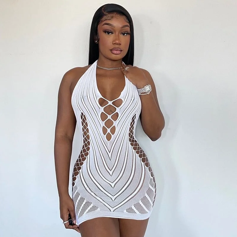 Hugcitar Solid Halter Sleeveless Backless Mesh Hollow Out Mini Dress 2021 Summer Fall Bodycon Sexy Party Club Elegant Y2K