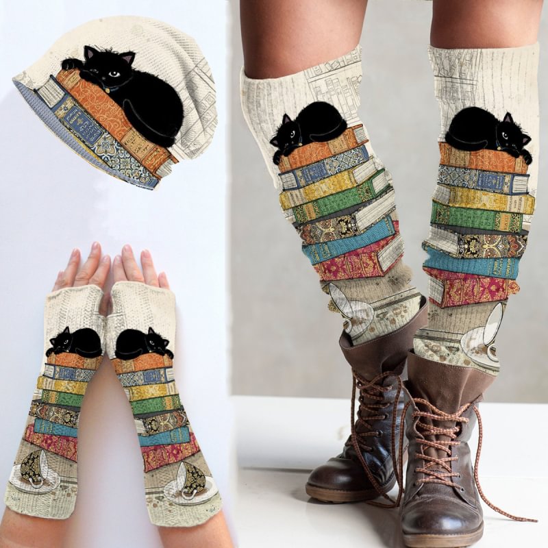 Retro Cat Printed Knitted Hat + Leg Warmers + Fingerless Gloves Set