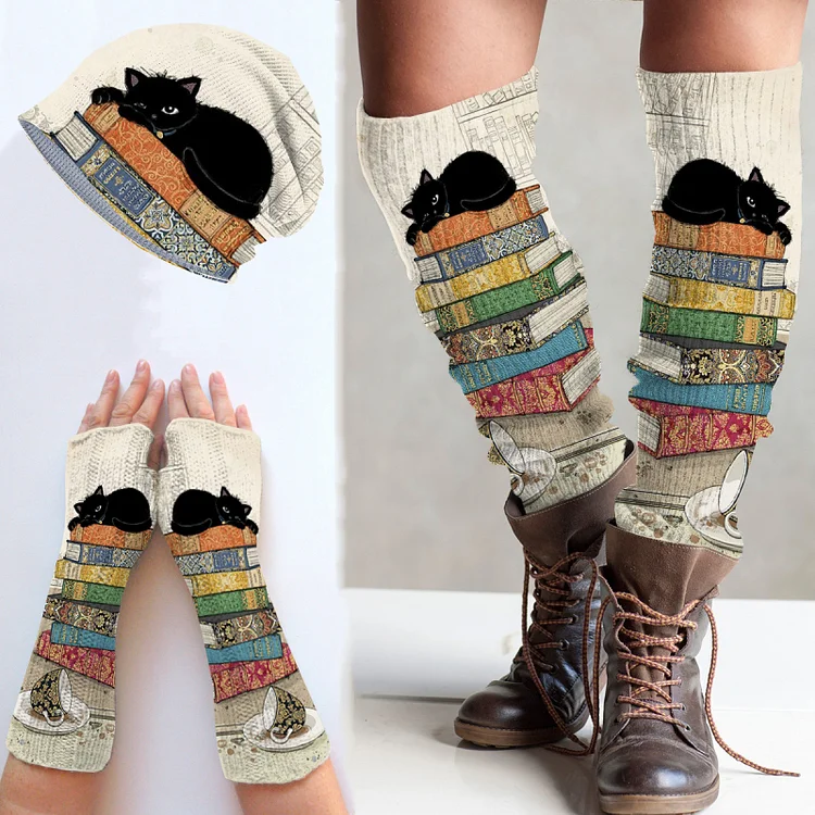 （Ship within 24 hours）Retro Cat Printed Knitted Hat + Leg Warmers + Fingerless Gloves Set