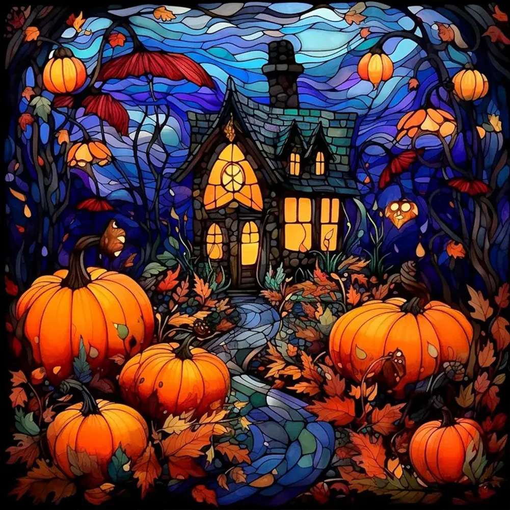 Full Round Diamond Painting - Stained Glass Pumpkin Castle(Canvas|40*40cm)