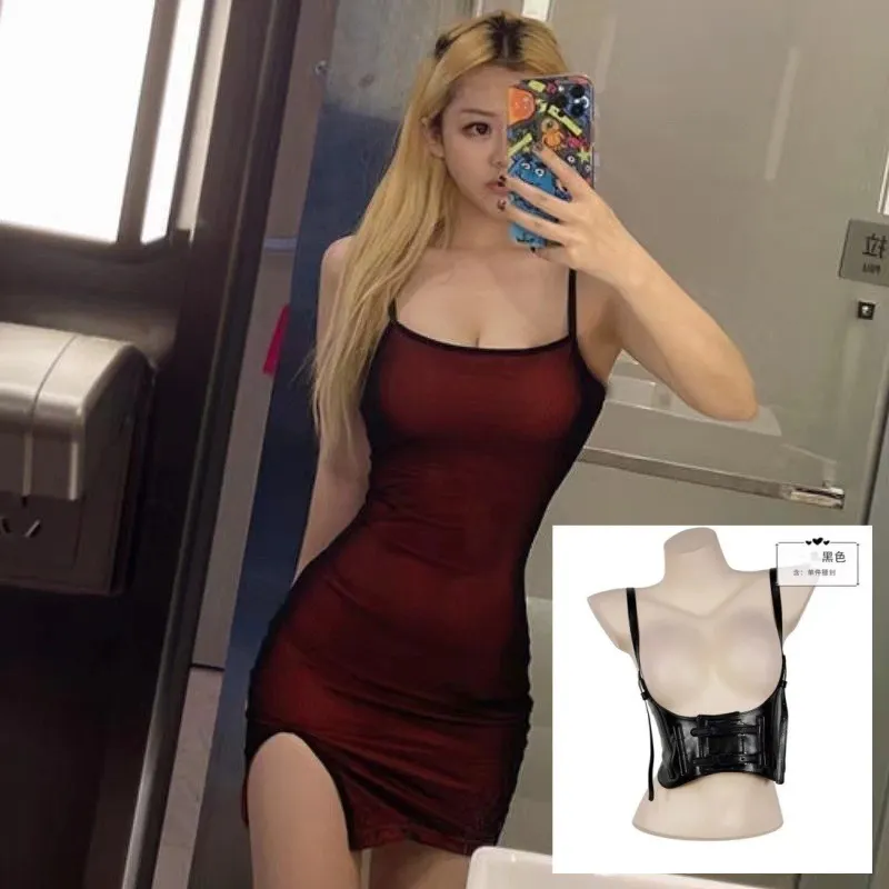 Churchf Large-Size Sexy Slings Summer Bar Boobs Tective Yarn Sling Skirt Inside The Bottom Open Fork Tight Dress