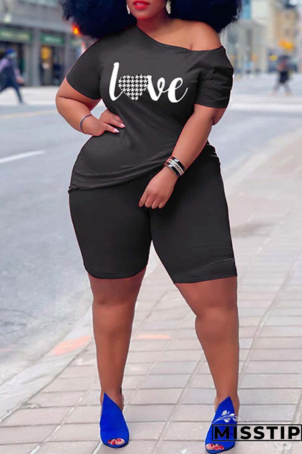 Orange Casual Print Basic Oblique Collar Plus Size Two Pieces