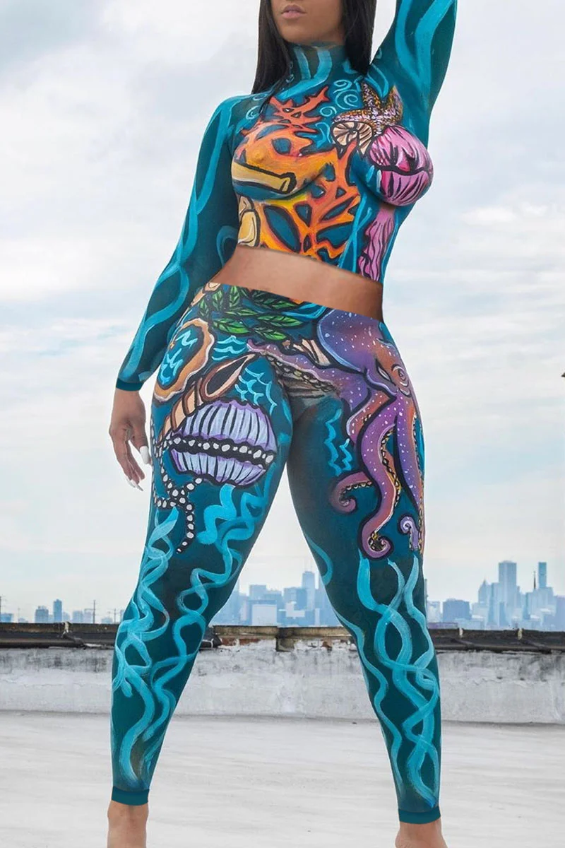 Lake Blue Sexy Print Split Joint Turtleneck Long Sleeve Two Pieces