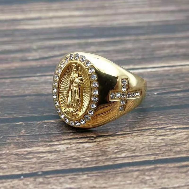 Iced Out Virgin Mary Ring Men Women Gold Color-VESSFUL
